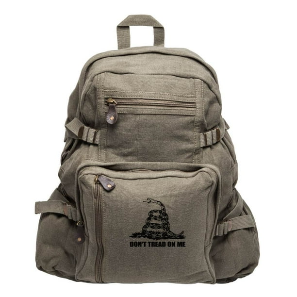 Dont Tread On Me Rattlesnake Vintage Canvas Rucksack Backpack w/ Leather Straps Dont Tread On Me Rattlesnake Vintage Canvas Rucksack Backpack w/ Leather Straps